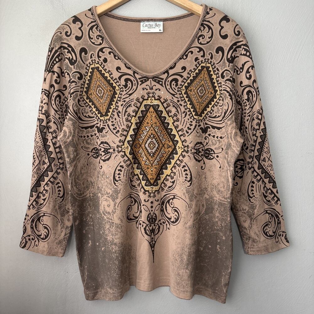 Cactus Bay Tee Top Size XL Brown Knit Aztec Southwestern Embellished Cowgirl